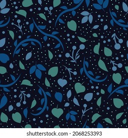 Whimsical botanic floral seamless vector pattern. Blue and green leaf illustrations on a navy blue background with ditsy polka dots. Cute, quirky abstract leaves. Surface pattern, endless repeat print
