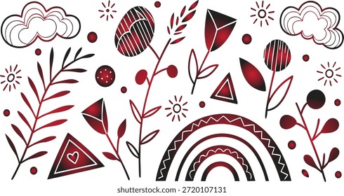A whimsical botanical illustration featuring stylized red and white floral elements clouds and geometric shapes on a clean white background