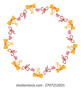 Caprichoso arcos marco de círculo con cintas amarillas, rojas y rosas. Vector dibujado a mano ilustración de dibujos animados para el diseño de embalaje, Plantillas de tarjeta, borde decorativo, invitationss