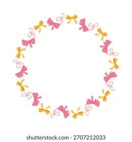 Caprichoso arcos marco de círculo con cintas amarillas, rojas y rosas. Vector dibujado a mano ilustración de dibujos animados para el diseño de embalaje, Plantillas de tarjeta, borde decorativo, invitationss