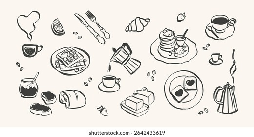 Whimsical breakfast doodles. Italian food with la dolce vita aesthetic in simple crayon and sketch style. Trendy art for menus and dinner brunch invitations. Coquette vector illustration