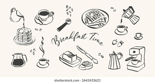 Whimsical breakfast doodles. Italian food with la dolce vita aesthetic in simple crayon and sketch style. Trendy art for menus and dinner brunch invitations. Hand drawn vector illustration