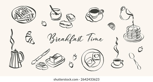 Whimsical breakfast doodles. Italian food with la dolce vita aesthetic in simple crayon and sketch style. Trendy art for menus and dinner brunch invitations. Hand drawn vector illustration