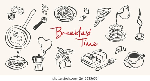 Whimsical breakfast doodles. Quirky icons of Italian food in simple crayon and sketch style. Trendy art for menus and dinner brunch invitations. La dolce vita vector illustration