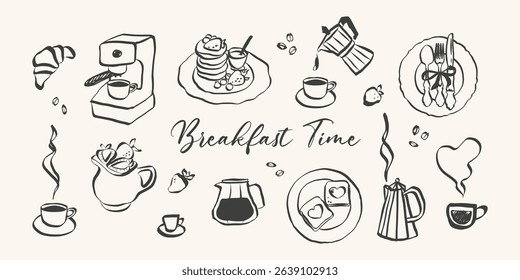 Whimsical breakfast doodles. Vintage hand drawn icons with la dolce vita aesthetic in simple crayon and sketch style. Trendy art for menus and dinner brunch invitations. Lineart vector illustration