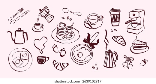 Whimsical breakfast doodles. Vintage hand drawn icons with la dolce vita aesthetic in simple crayon and sketch style. Trendy art for menus and dinner brunch invitations. Ink vector illustration
