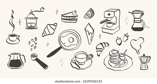 Whimsical breakfast doodles. Vintage hand drawn icons with la dolce vita aesthetic in simple crayon and sketch style. Trendy art for menus and dinner brunch invitations. Outline vector illustration