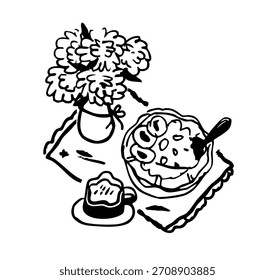 Desayuno caprichoso y composición floral de Doodle. Comida, taza de té y concepto de bodegón de ramo de florero. Ilustración vectorial dibujada a mano.