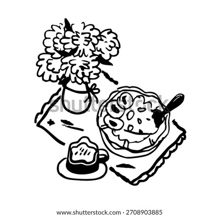 Whimsical Breakfast and Floral Doodle Composition. Meal, Tea Cup, and Vase Bouquet Still Life Concept. Outline Hand-Drawn Vector Illustration.