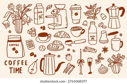 Whimsical breakfast set with coffee, croissant line art doodle sketch. Whimsy lunch with coffee cup, french brunch. Vector outline illustration