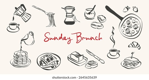 Whimsical brunch doodles. Quirky icons of Italian food in simple crayon and sketch style. Trendy art for menus and dinner brunch invitations. La dolce vita vector illustration