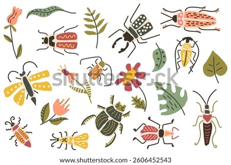 whimsical bug and flower illustration with ladybugs, butterflies, beetles, stylized blooms. concept of nature, insects, garden, floral design. colorful, playful art, kids decor.