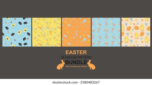 The Whimsical Bunny Delights Easter Seamless Pattern Bundle features playful bunny and floral designs perfect for gift wrap, fabric, stationery, children's products, party decor, and festive Easter 