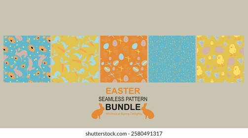 The Whimsical Bunny Delights Easter Seamless Pattern Bundle features playful bunny and floral designs perfect for gift wrap, fabric, stationery, children's products, party decor, and festive Easter 