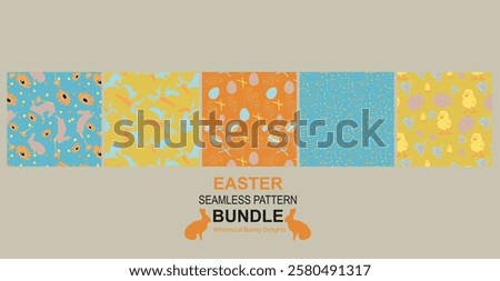 The Whimsical Bunny Delights Easter Seamless Pattern Bundle features playful bunny and floral designs perfect for gift wrap, fabric, stationery, children's products, party decor, and festive Easter 