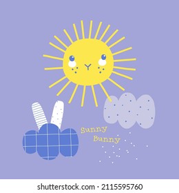 Whimsical Bunny ears in the cloud sun rain dreamlike vector illustration. Sunny bunny phrase. Childish Groovy spring sky poster for Easter card or nursery. 