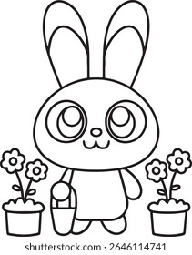 Whimsical Bunny with Flowers in Pots Awaiting Color Awaiting Springtime Hues in a Joyful Outing Surrounded by Floral Beauty Ready for Artistic Expression