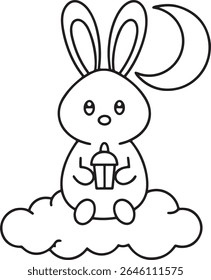 Coelhinho Caprichoso na Nuvem com Chá Boba Sob Lua Crescente Uma Ilustração Doce Sonhadora para Storybooks e Decoração de Berçário Bonito e Brincalhão