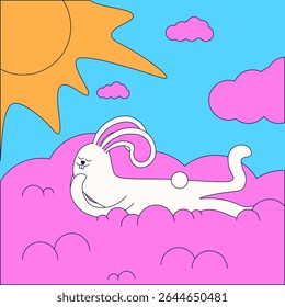 Whimsical Bunny on pink clouds. Nursery kids vector illustration with cute funny Bunny on the pink sweet cotton clouds. Perfect child room interior poster with silly animal. Childish drawing. EPS 10 