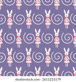 Whimsical Bunny Swirl Repeat Pattern: Cute Rabbits in Pink Dresses with White Spirals on Lavender Background, Playful Textile Design for Children Spring
