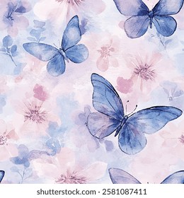 Whimsical butterflies and flowers in soft watercolor hues of pink, blue, and purple