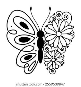 Whimsical Butterfly with Floral Accents, Botanical Black and White Logo Illustration