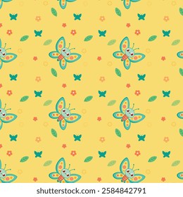 Whimsical Butterfly and Floral Pattern on Bright Yellow Background