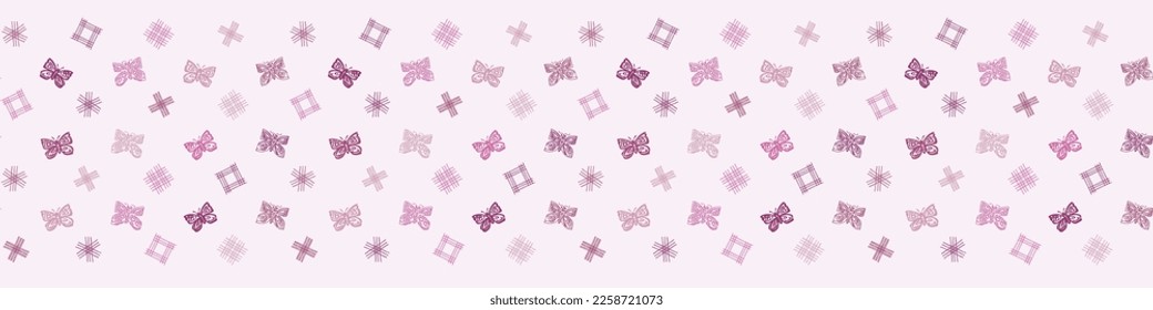 Whimsical butterfly seamless vector border. Beautiful garden bug for viva magenta washi tape. 