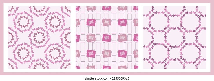 Whimsical butterfly seamless vector pattern collection. All over print of beautiful garden bug for viva magenta wallpaper set. 