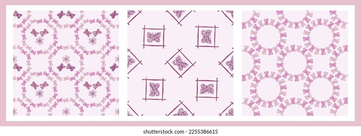 Whimsical butterfly seamless vector pattern collection. All over print of beautiful garden bug for viva magenta wallpaper set. 