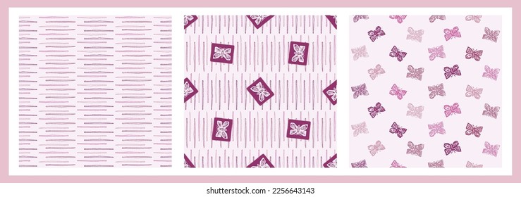 Whimsical butterfly seamless vector pattern collection. All over print of beautiful garden bug for viva magenta wallpaper set. 