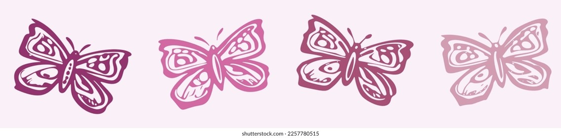 Whimsical butterfly vector icon set. Naive bug border.