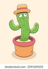 Whimsical Cactus in Hat: A cheerful cactus with a friendly face and a stylish hat, sitting contentedly in a decorative pot, evokes a sense of playfulness and charm. Dancing Cactus Toy.