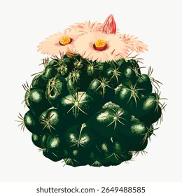 Uma ilustração de cacto extravagante com cores vibrantes. O cacto é adornado com elementos lúdicos e macios, criando um design botânico exclusivo e artístico. Vetor de ilustração de flor vintage.