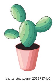 Whimsical cactus in a pink pot, isolated on a white background. Vector.
