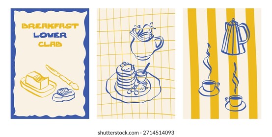 Whimsical Cafe doodles mit Kaffeetassen und Frühstücksartikeln. Symbole im Skizzenstil, darunter Pfannkuchen, Espresso und Desserts. Ideal für Menü-Design, Branding oder Retro-Poster. Vektorgrafik