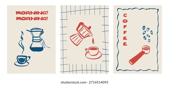 Extravagantes garabatos de café con tazas de café y artículos para el desayuno. Iconos de estilo de boceto que incluyen frijoles, espresso y capuchino. Ideal para el diseño de menús, branding o posters retro. Ilustración vectorial