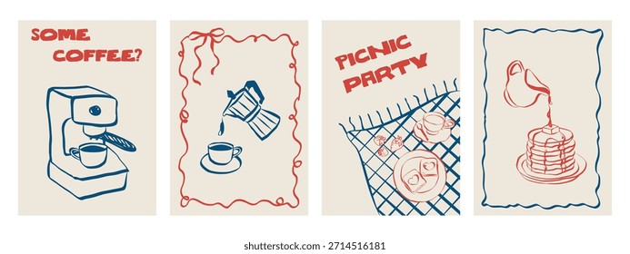 Whimsical Cafe doodles mit Kaffeetassen und Frühstücksartikeln. Symbole im Skizzenstil, darunter Pfannkuchen, Espresso und Desserts. Ideal für Menü-Design, Branding oder Retro-Poster. Vektorgrafik