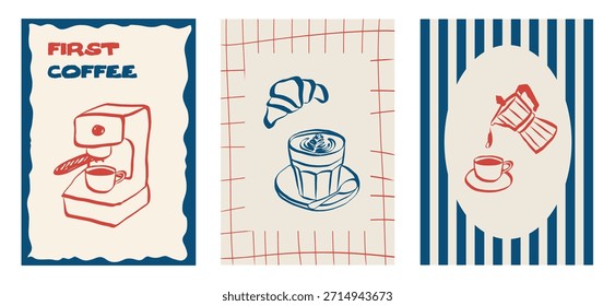 Extravagantes garabatos de café con tazas de café y artículos para el desayuno. Iconos de estilo de boceto que incluyen café con leche, espresso y capuchino. Ideal para el diseño de menús, branding o posters retro. Ilustración vectorial