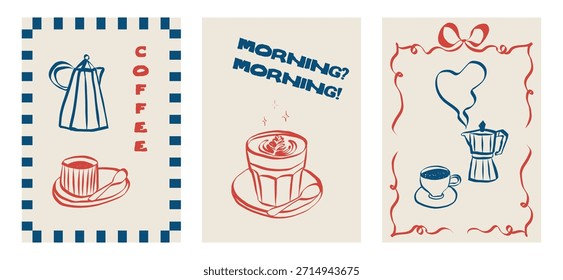 Extravagantes garabatos de café con tazas de café y artículos para el desayuno. Iconos de estilo de boceto que incluyen café con leche, espresso y capuchino. Ideal para el diseño de menús, branding o posters retro. Ilustración vectorial