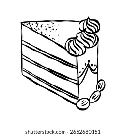 Whimsical cake slice. Vintage style minimalist outline ink elegant element. Trendy coquette line food. Hand drawn scribble isolated vector illustration. Old party birthday anniversary, wedding design