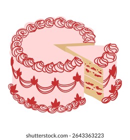 Whimsical cake with slice. Vintage sweet tasty pink, red color cream decoration. Trendy retro coquette food. Hand drawn isolated vector illustration. Party birthday, anniversary, celebration design