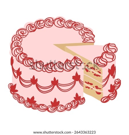 Whimsical cake with slice. Vintage sweet tasty pink, red color cream decoration. Trendy retro coquette food. Hand drawn isolated vector illustration. Party birthday, anniversary, celebration design