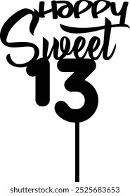 A whimsical cake topper for a sweet 13 celebration, A banner with the words "Sweet 13" hangs above the scene, adding a festive touch.This topper is perfect for a birthday party filled with joy.