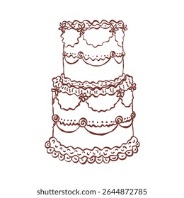 Whimsical cake. Vintage style minimalist outline ink elegant element. Trendy retro coquette line food. Hand drawn scribble isolated vector illustration. Old party birthday, anniversary, wedding design