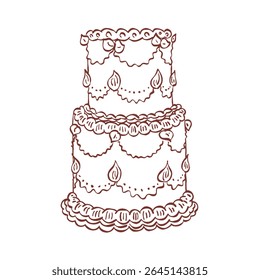 Whimsical cake. Vintage style minimalist outline ink elegant element. Trendy retro coquette line food. Hand drawn antique isolated vector illustration. Old party birthday, anniversary, wedding design