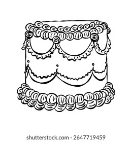 Whimsical cake. Vintage style minimalist outline ink elegant element. Trendy retro coquette line food. Hand drawn antique isolated vector illustration. Old party birthday, anniversary, wedding design
