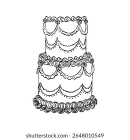 Whimsical cake. Vintage style minimalist outline ink elegant element. Trendy retro coquette line food. Hand drawn antique isolated vector illustration. Old party birthday, anniversary, wedding design