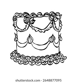 Whimsical cake. Vintage style minimalist outline ink elegant element. Trendy retro coquette line food. Hand drawn antique isolated vector illustration. Old party birthday, anniversary, wedding design