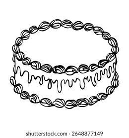 Whimsical cake. Vintage style minimalist outline ink elegant element. Trendy retro coquette line food. Hand drawn antique isolated vector illustration. Old party birthday, anniversary, wedding design